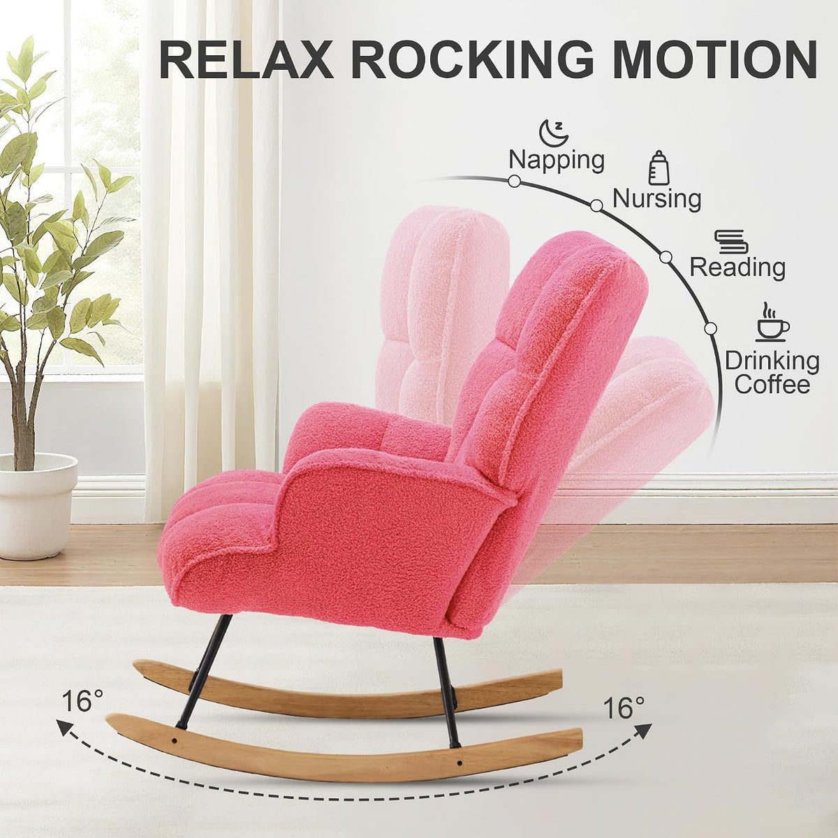 Rocking Chair Nursery Teddy Upholstered Glider Rocker Rocking Accent Chair Padded Seat with High Backrest Armchair Comfy Side Chair for Living Room Bedroom Offices (Black Teddy)