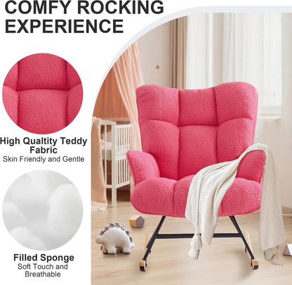 Rocking Chair Nursery Teddy Upholstered Glider Rocker Rocking Accent Chair Padded Seat with High Backrest Armchair Comfy Side Chair for Living Room Bedroom Offices (Black Teddy)