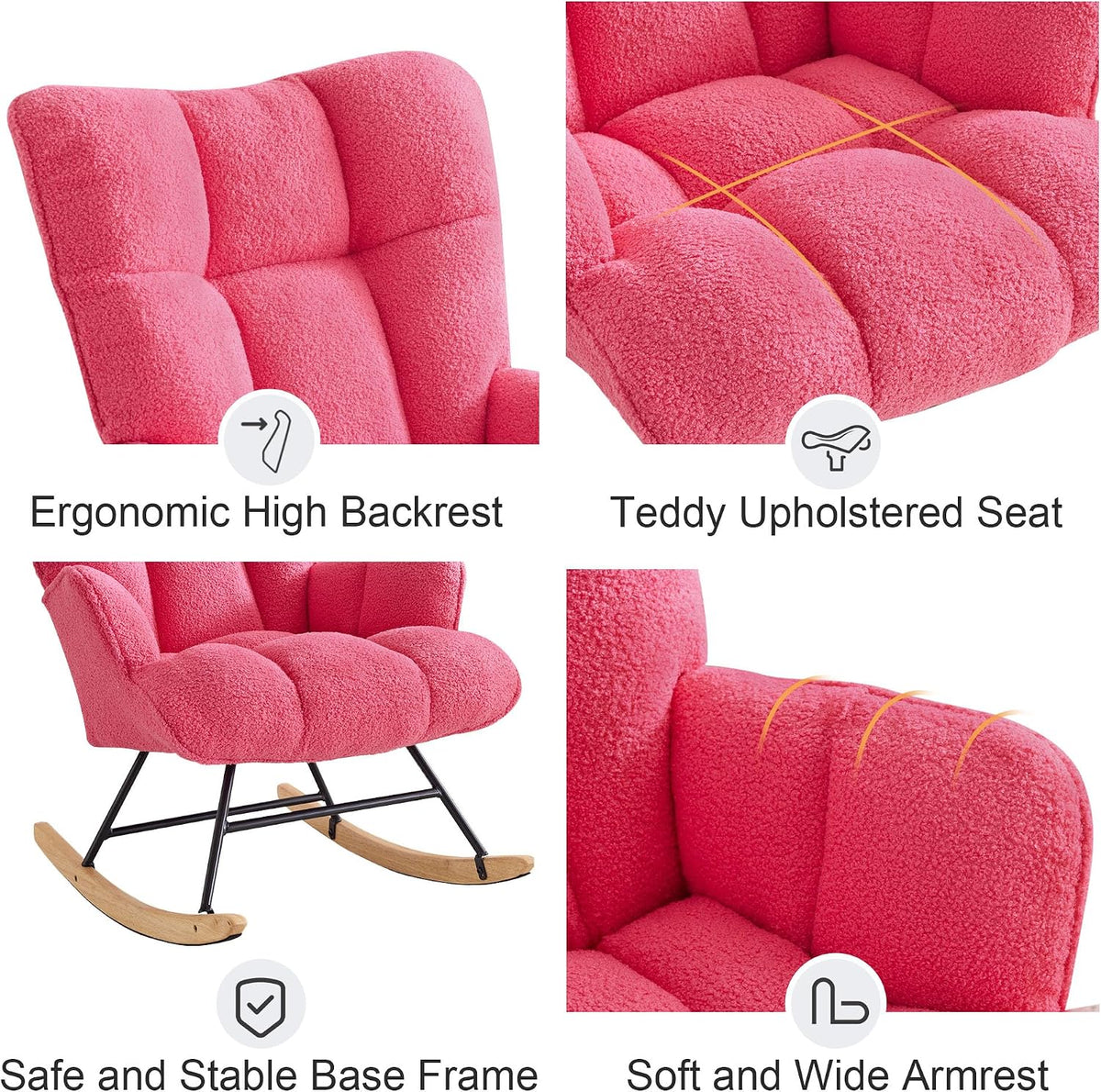 Rocking Chair Nursery Teddy Upholstered Glider Rocker Rocking Accent Chair Padded Seat with High Backrest Armchair Comfy Side Chair for Living Room Bedroom Offices (Black Teddy)