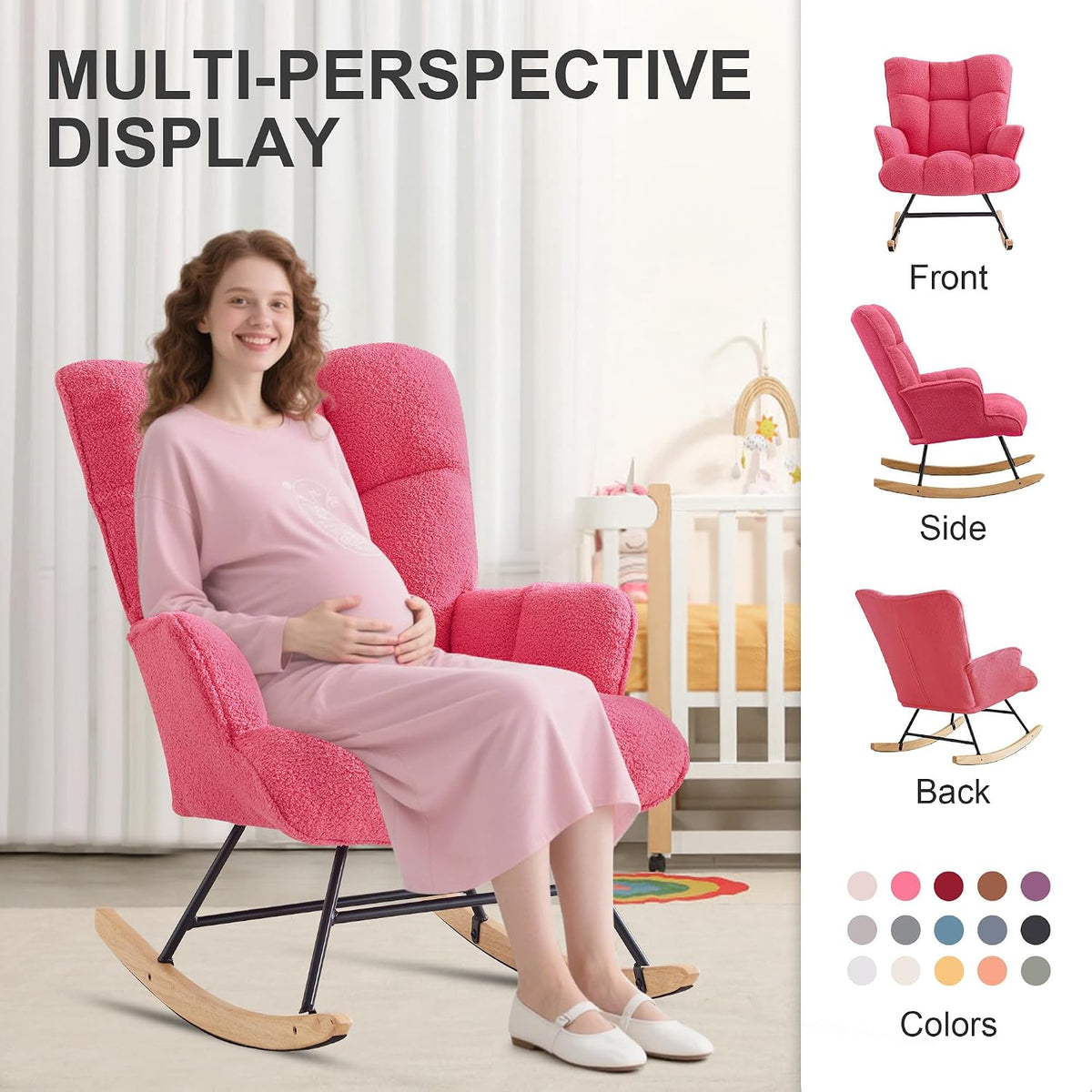 Rocking Chair Nursery Teddy Upholstered Glider Rocker Rocking Accent Chair Padded Seat with High Backrest Armchair Comfy Side Chair for Living Room Bedroom Offices (Black Teddy)