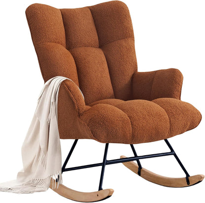 Rocking Chair Nursery Teddy Upholstered Glider Rocker Rocking Accent Chair Padded Seat with High Backrest Armchair Comfy Side Chair for Living Room Bedroom Offices (Black Teddy)