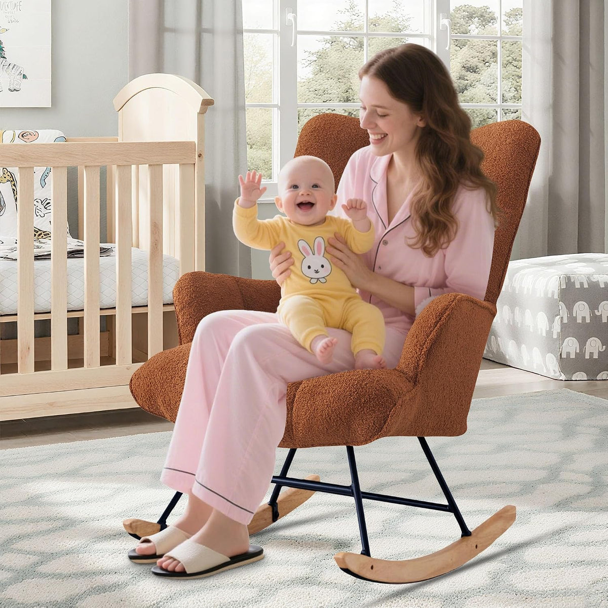 Rocking Chair Nursery Teddy Upholstered Glider Rocker Rocking Accent Chair Padded Seat with High Backrest Armchair Comfy Side Chair for Living Room Bedroom Offices (Black Teddy)