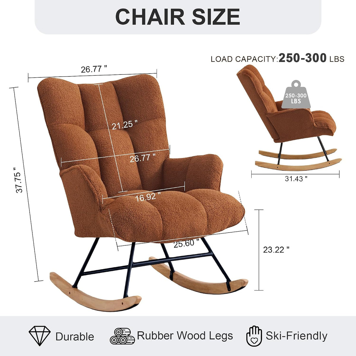Rocking Chair Nursery Teddy Upholstered Glider Rocker Rocking Accent Chair Padded Seat with High Backrest Armchair Comfy Side Chair for Living Room Bedroom Offices (Black Teddy)