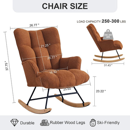 Rocking Chair Nursery Teddy Upholstered Glider Rocker Rocking Accent Chair Padded Seat with High Backrest Armchair Comfy Side Chair for Living Room Bedroom Offices (Black Teddy)