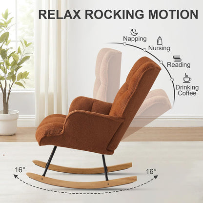 Rocking Chair Nursery Teddy Upholstered Glider Rocker Rocking Accent Chair Padded Seat with High Backrest Armchair Comfy Side Chair for Living Room Bedroom Offices (Black Teddy)