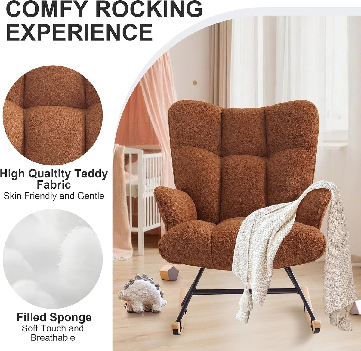 Rocking Chair Nursery Teddy Upholstered Glider Rocker Rocking Accent Chair Padded Seat with High Backrest Armchair Comfy Side Chair for Living Room Bedroom Offices (Black Teddy)