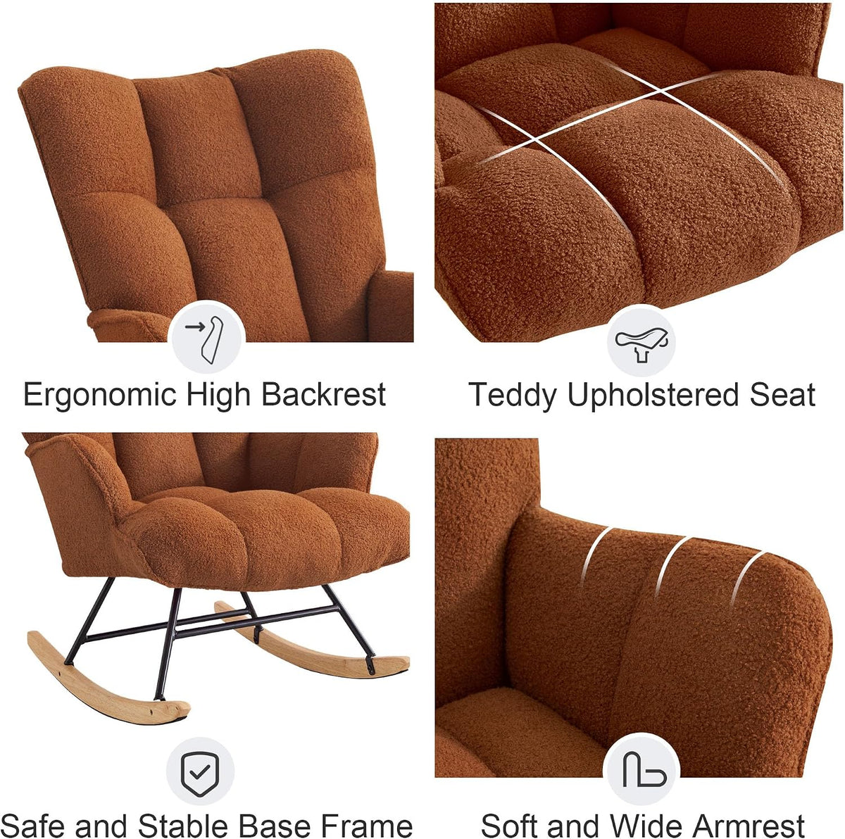 Rocking Chair Nursery Teddy Upholstered Glider Rocker Rocking Accent Chair Padded Seat with High Backrest Armchair Comfy Side Chair for Living Room Bedroom Offices (Black Teddy)