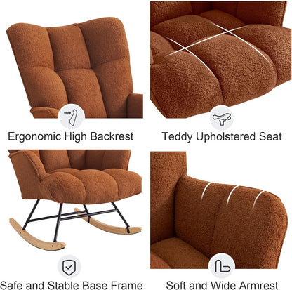 Rocking Chair Nursery Teddy Upholstered Glider Rocker Rocking Accent Chair Padded Seat with High Backrest Armchair Comfy Side Chair for Living Room Bedroom Offices (Black Teddy)