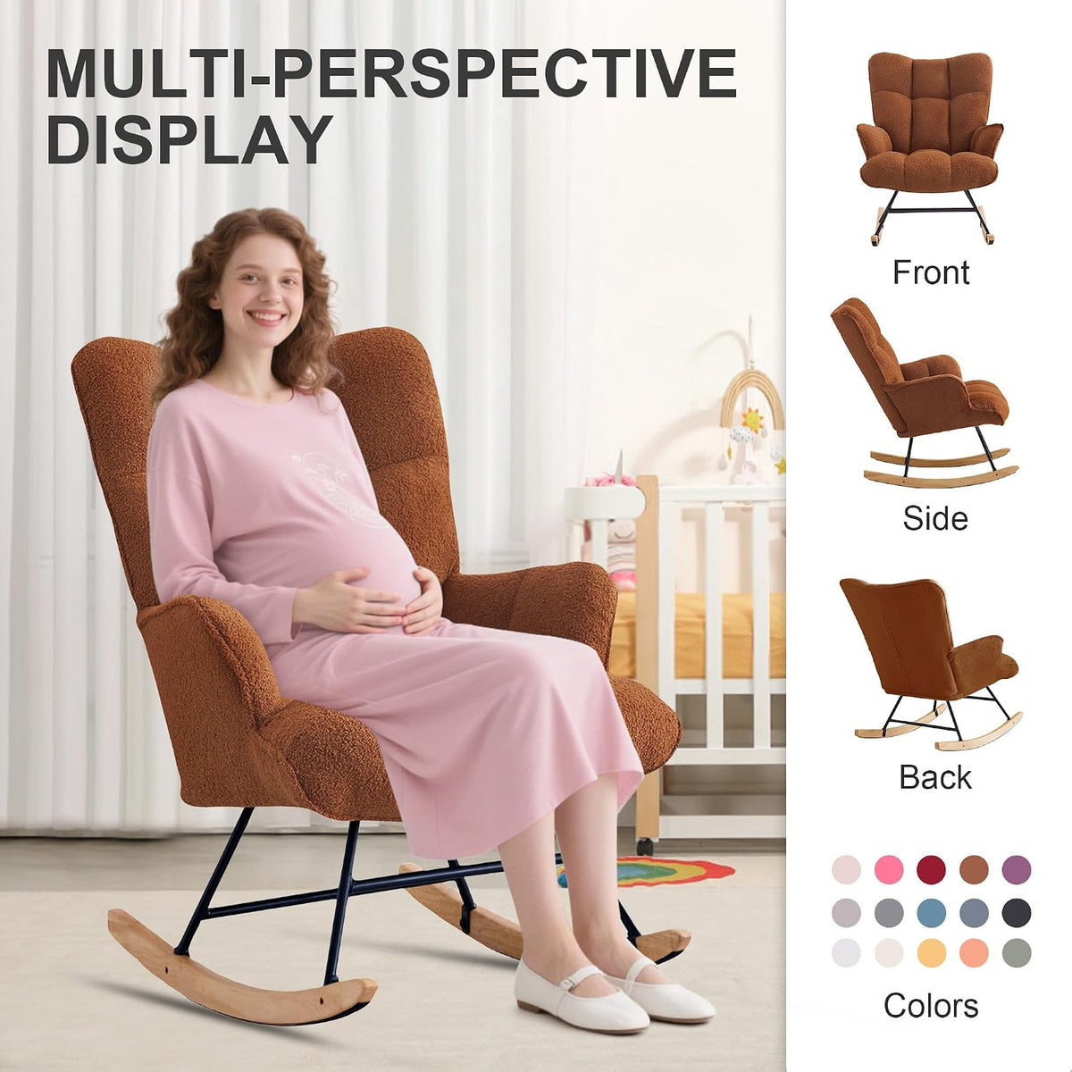 Rocking Chair Nursery Teddy Upholstered Glider Rocker Rocking Accent Chair Padded Seat with High Backrest Armchair Comfy Side Chair for Living Room Bedroom Offices (Black Teddy)