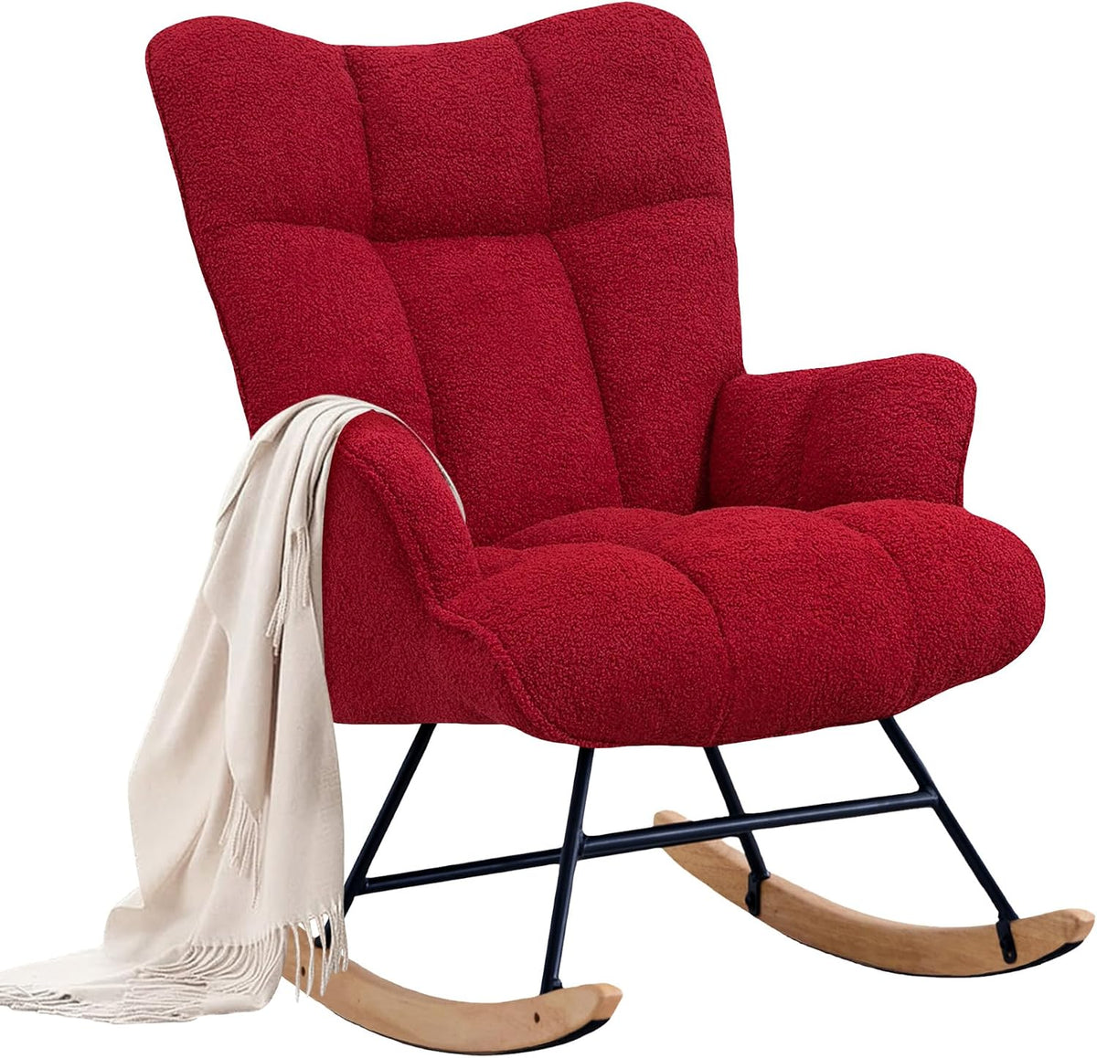 Rocking Chair Nursery Teddy Upholstered Glider Rocker Rocking Accent Chair Padded Seat with High Backrest Armchair Comfy Side Chair for Living Room Bedroom Offices (Black Teddy)