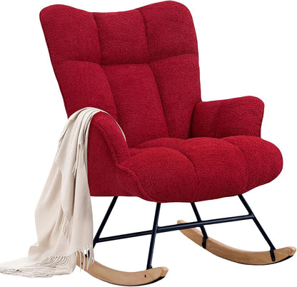 Rocking Chair Nursery Teddy Upholstered Glider Rocker Rocking Accent Chair Padded Seat with High Backrest Armchair Comfy Side Chair for Living Room Bedroom Offices (Black Teddy)