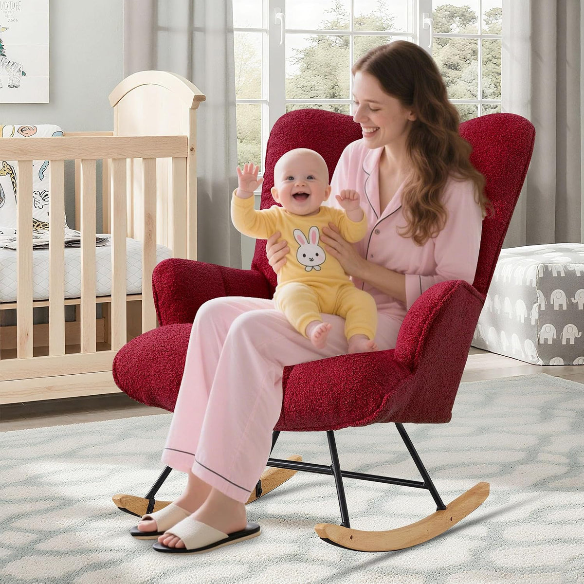 Rocking Chair Nursery Teddy Upholstered Glider Rocker Rocking Accent Chair Padded Seat with High Backrest Armchair Comfy Side Chair for Living Room Bedroom Offices (Black Teddy)
