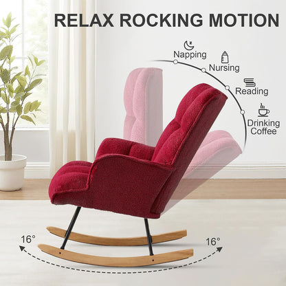 Rocking Chair Nursery Teddy Upholstered Glider Rocker Rocking Accent Chair Padded Seat with High Backrest Armchair Comfy Side Chair for Living Room Bedroom Offices (Black Teddy)