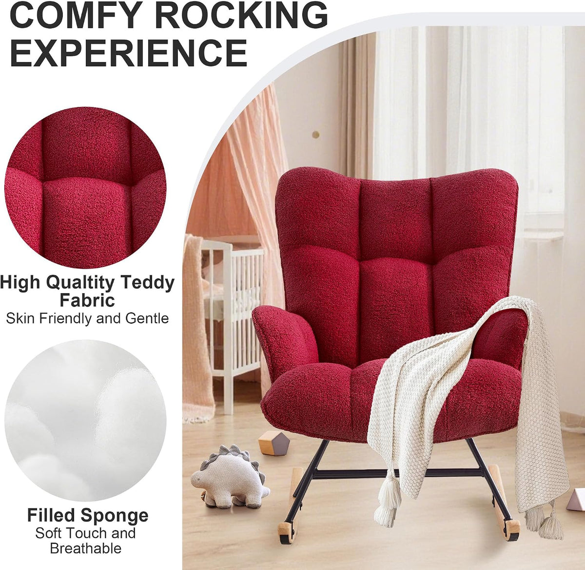 Rocking Chair Nursery Teddy Upholstered Glider Rocker Rocking Accent Chair Padded Seat with High Backrest Armchair Comfy Side Chair for Living Room Bedroom Offices (Black Teddy)