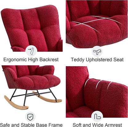 Rocking Chair Nursery Teddy Upholstered Glider Rocker Rocking Accent Chair Padded Seat with High Backrest Armchair Comfy Side Chair for Living Room Bedroom Offices (Black Teddy)