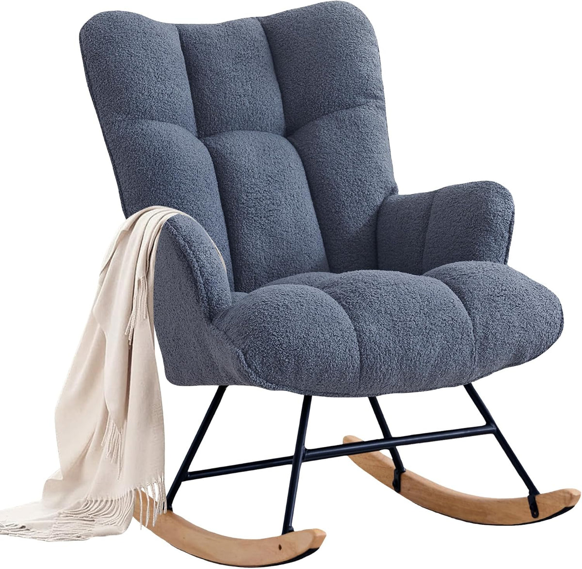Rocking Chair Nursery Teddy Upholstered Glider Rocker Rocking Accent Chair Padded Seat with High Backrest Armchair Comfy Side Chair for Living Room Bedroom Offices (Black Teddy)