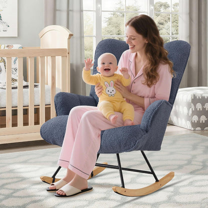 Rocking Chair Nursery Teddy Upholstered Glider Rocker Rocking Accent Chair Padded Seat with High Backrest Armchair Comfy Side Chair for Living Room Bedroom Offices (Black Teddy)
