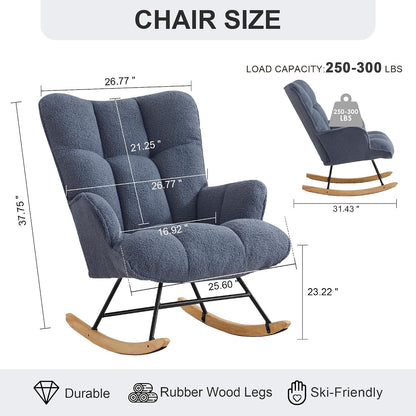 Rocking Chair Nursery Teddy Upholstered Glider Rocker Rocking Accent Chair Padded Seat with High Backrest Armchair Comfy Side Chair for Living Room Bedroom Offices (Black Teddy)