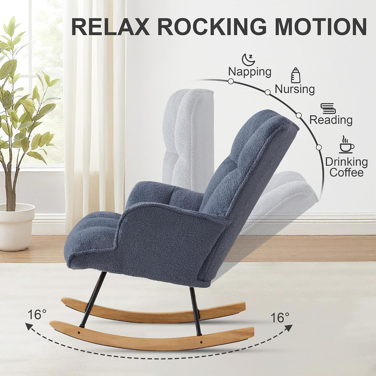 Rocking Chair Nursery Teddy Upholstered Glider Rocker Rocking Accent Chair Padded Seat with High Backrest Armchair Comfy Side Chair for Living Room Bedroom Offices (Black Teddy)