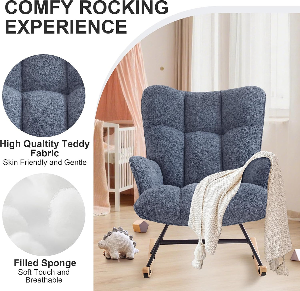 Rocking Chair Nursery Teddy Upholstered Glider Rocker Rocking Accent Chair Padded Seat with High Backrest Armchair Comfy Side Chair for Living Room Bedroom Offices (Black Teddy)