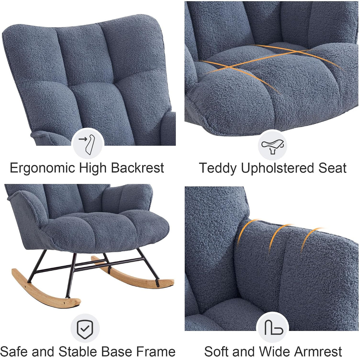 Rocking Chair Nursery Teddy Upholstered Glider Rocker Rocking Accent Chair Padded Seat with High Backrest Armchair Comfy Side Chair for Living Room Bedroom Offices (Black Teddy)