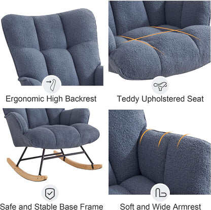 Rocking Chair Nursery Teddy Upholstered Glider Rocker Rocking Accent Chair Padded Seat with High Backrest Armchair Comfy Side Chair for Living Room Bedroom Offices (Black Teddy)
