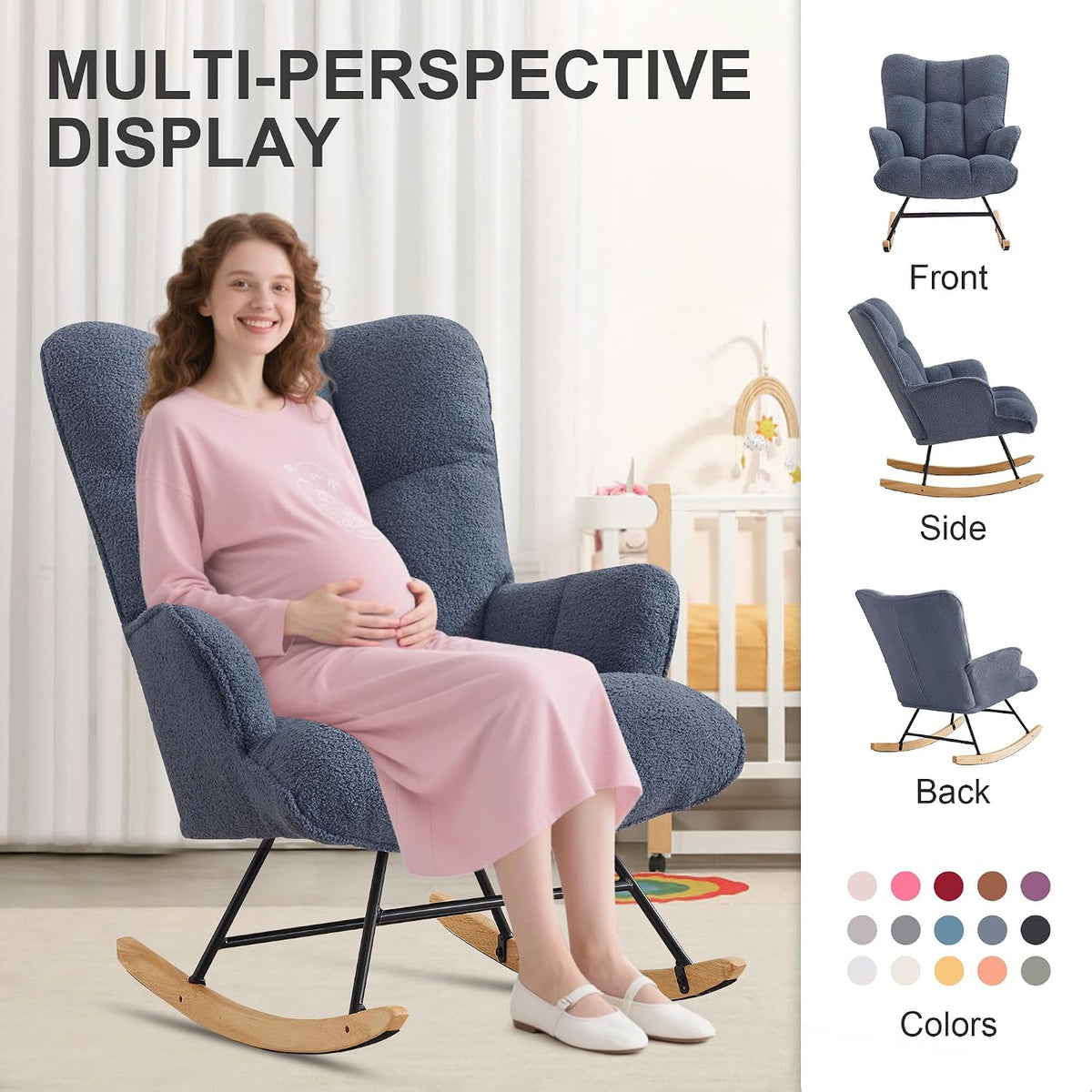 Rocking Chair Nursery Teddy Upholstered Glider Rocker Rocking Accent Chair Padded Seat with High Backrest Armchair Comfy Side Chair for Living Room Bedroom Offices (Black Teddy)