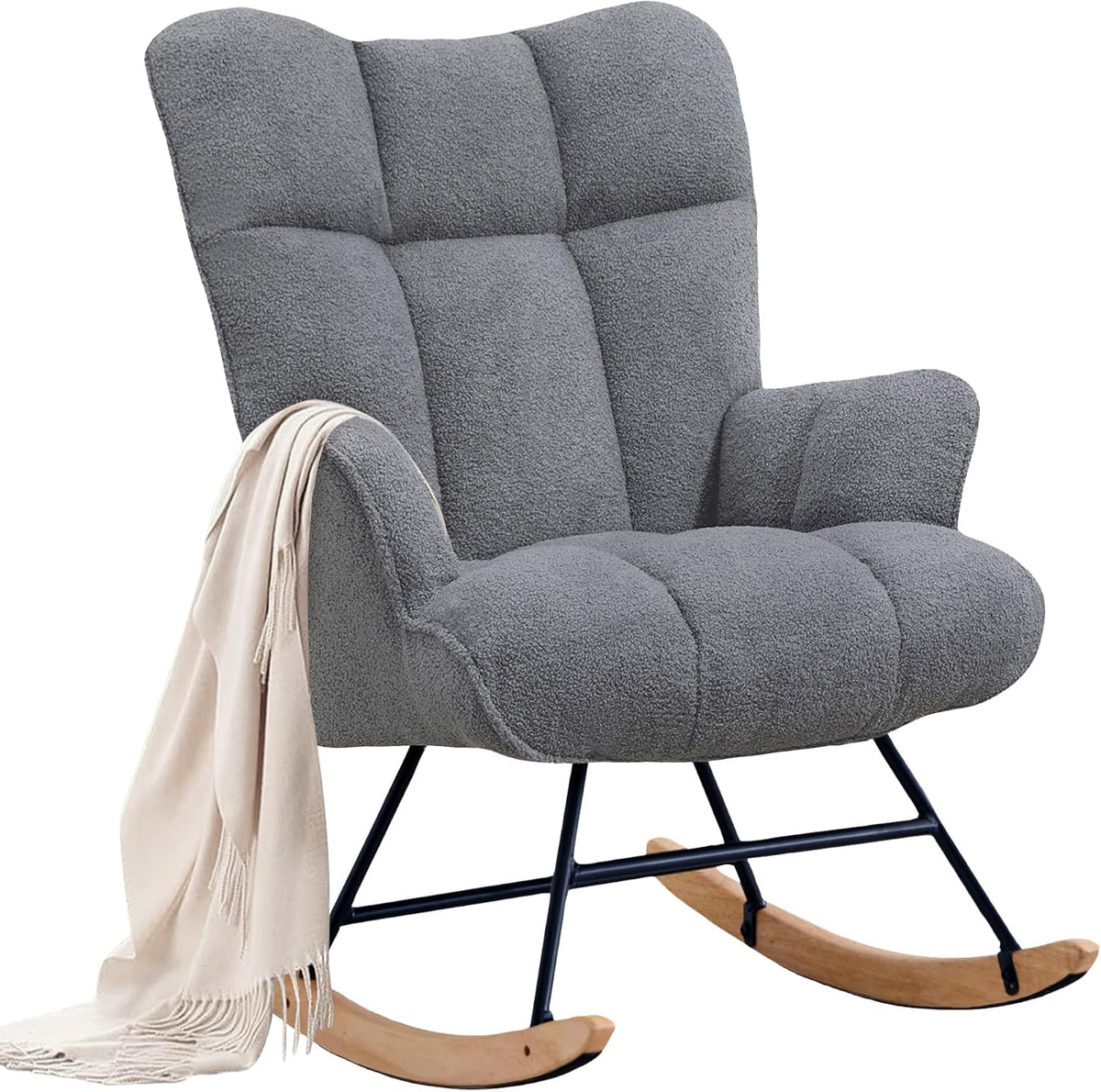 Rocking Chair Nursery Teddy Upholstered Glider Rocker Rocking Accent Chair Padded Seat with High Backrest Armchair Comfy Side Chair for Living Room Bedroom Offices (Black Teddy)