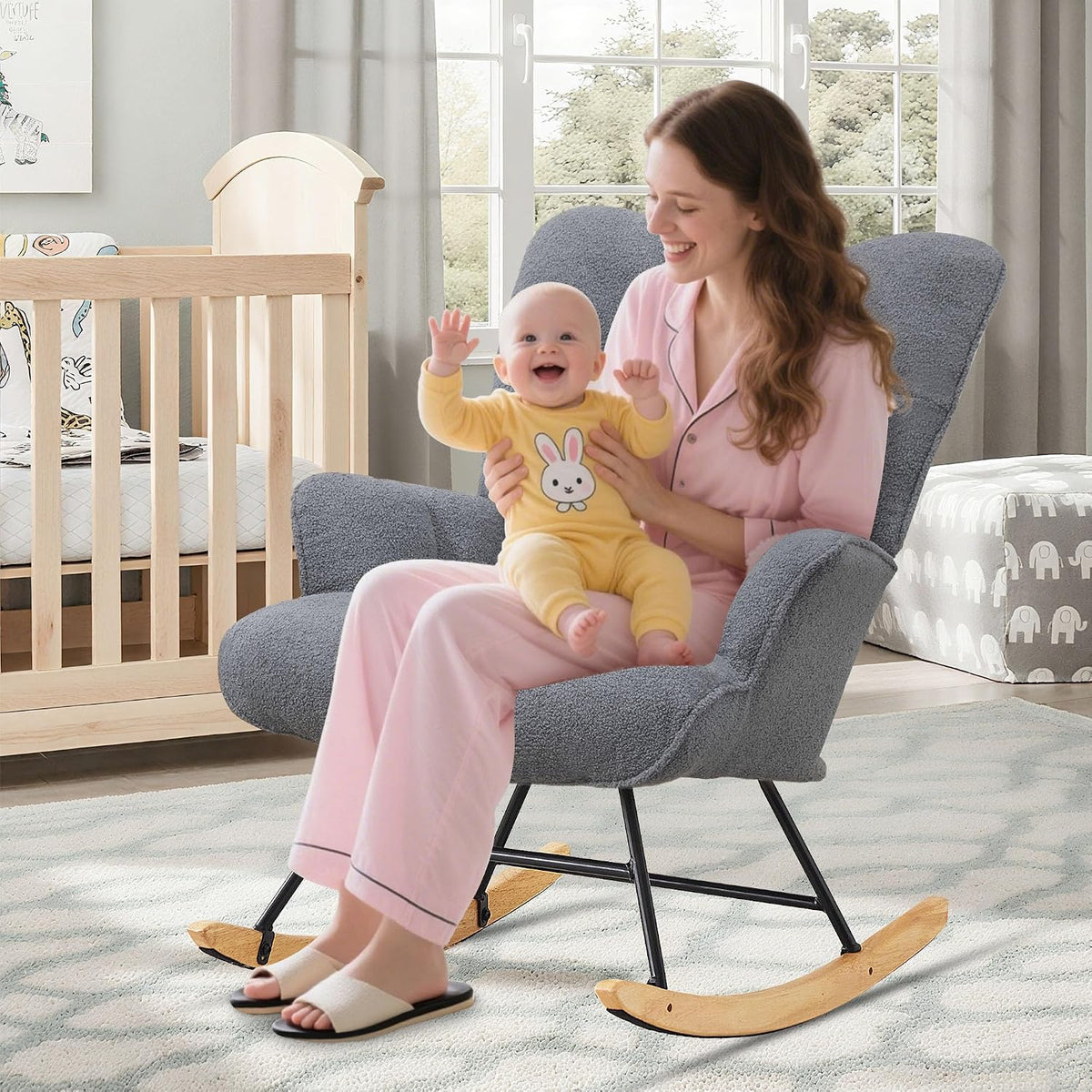 Rocking Chair Nursery Teddy Upholstered Glider Rocker Rocking Accent Chair Padded Seat with High Backrest Armchair Comfy Side Chair for Living Room Bedroom Offices (Black Teddy)