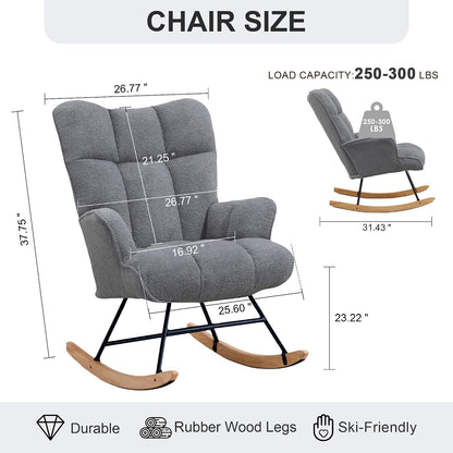 Rocking Chair Nursery Teddy Upholstered Glider Rocker Rocking Accent Chair Padded Seat with High Backrest Armchair Comfy Side Chair for Living Room Bedroom Offices (Black Teddy)