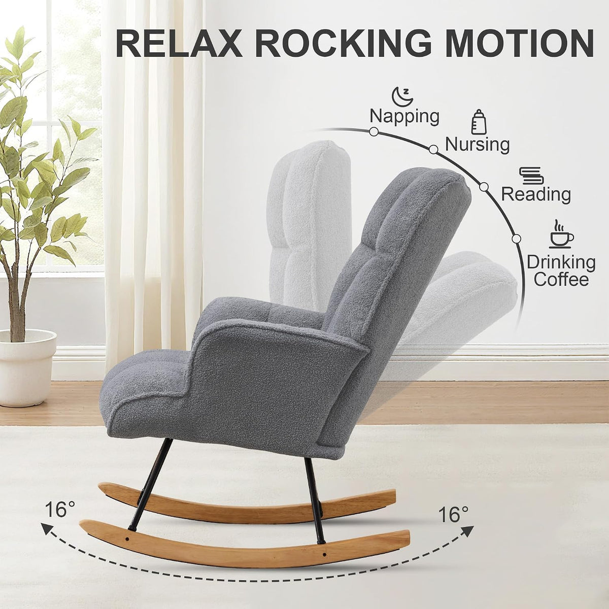 Rocking Chair Nursery Teddy Upholstered Glider Rocker Rocking Accent Chair Padded Seat with High Backrest Armchair Comfy Side Chair for Living Room Bedroom Offices (Black Teddy)