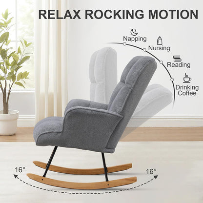 Rocking Chair Nursery Teddy Upholstered Glider Rocker Rocking Accent Chair Padded Seat with High Backrest Armchair Comfy Side Chair for Living Room Bedroom Offices (Black Teddy)