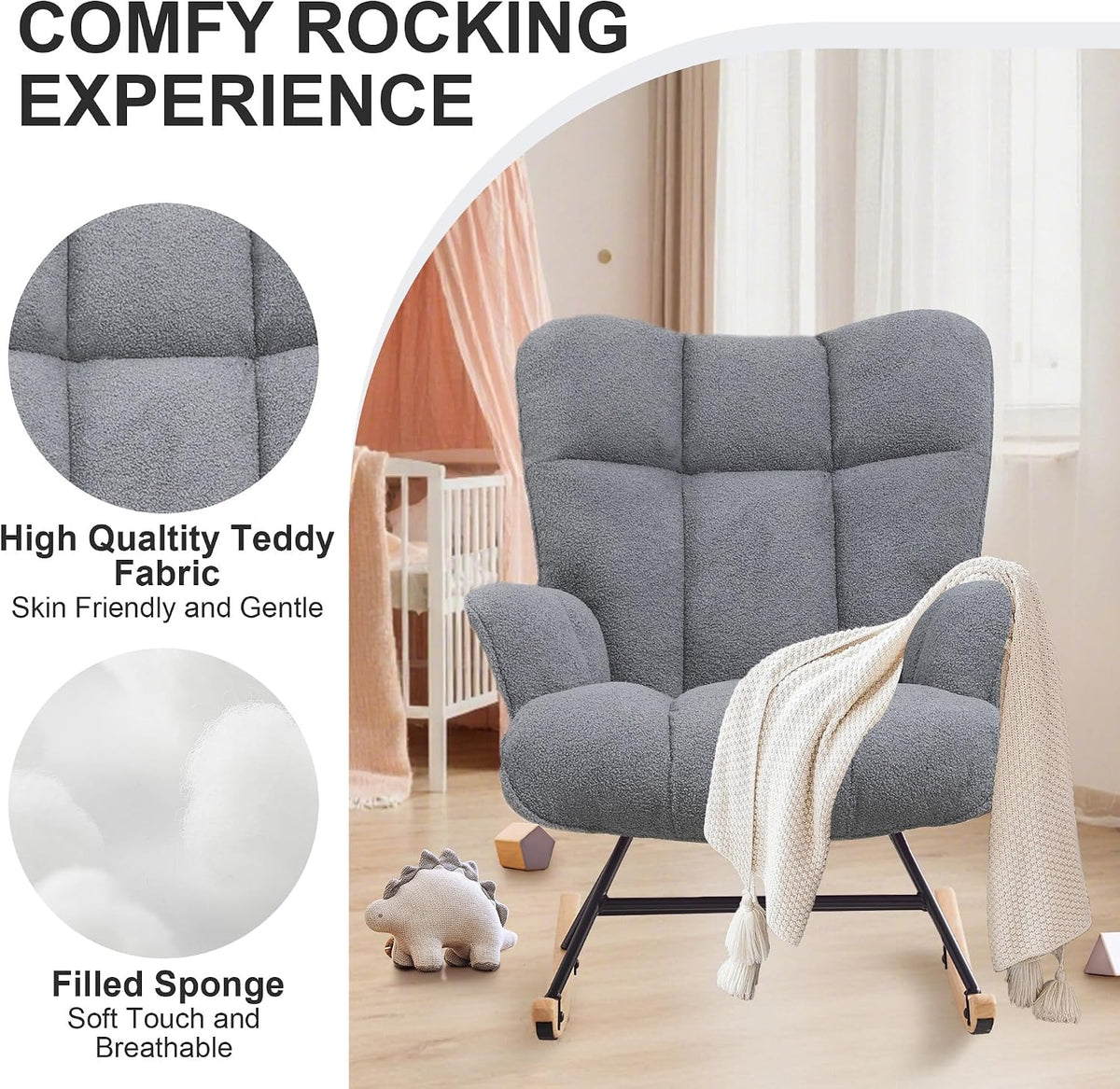 Rocking Chair Nursery Teddy Upholstered Glider Rocker Rocking Accent Chair Padded Seat with High Backrest Armchair Comfy Side Chair for Living Room Bedroom Offices (Black Teddy)