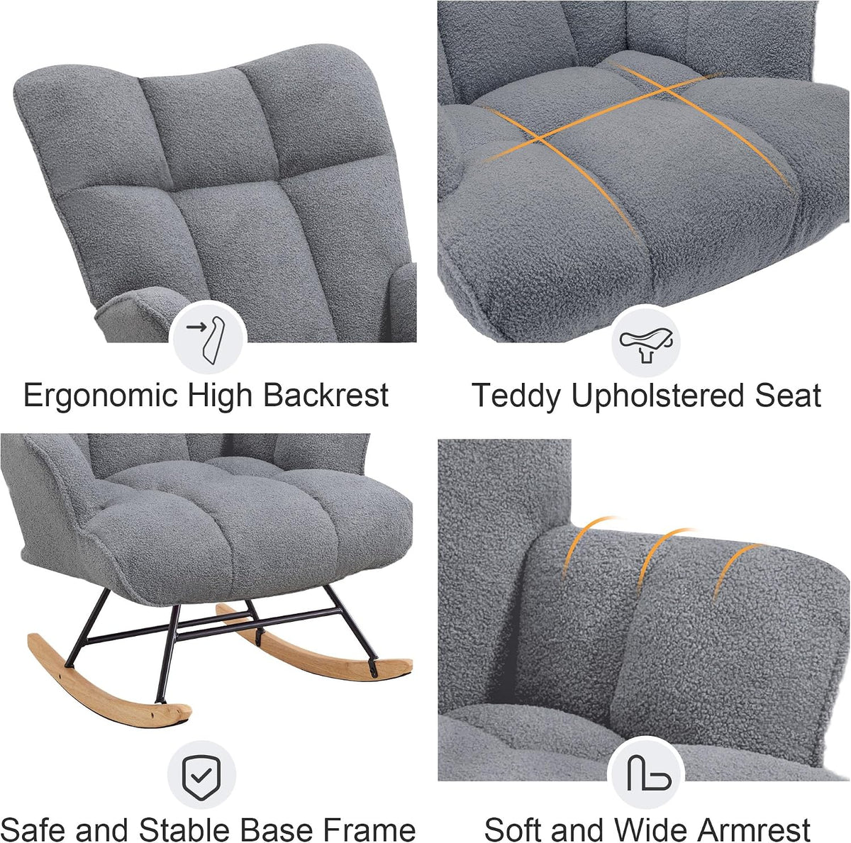 Rocking Chair Nursery Teddy Upholstered Glider Rocker Rocking Accent Chair Padded Seat with High Backrest Armchair Comfy Side Chair for Living Room Bedroom Offices (Black Teddy)