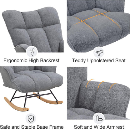 Rocking Chair Nursery Teddy Upholstered Glider Rocker Rocking Accent Chair Padded Seat with High Backrest Armchair Comfy Side Chair for Living Room Bedroom Offices (Black Teddy)