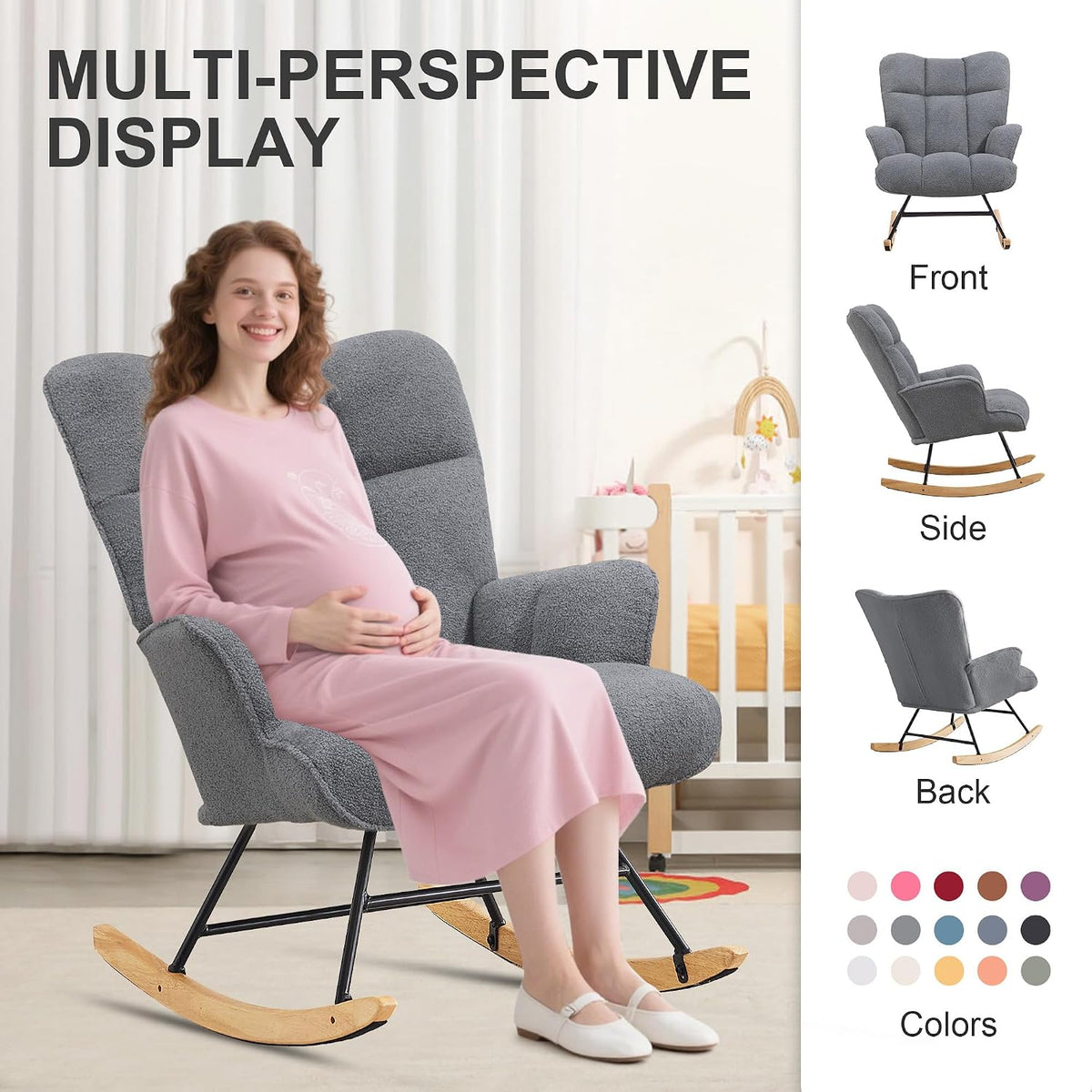 Rocking Chair Nursery Teddy Upholstered Glider Rocker Rocking Accent Chair Padded Seat with High Backrest Armchair Comfy Side Chair for Living Room Bedroom Offices (Black Teddy)