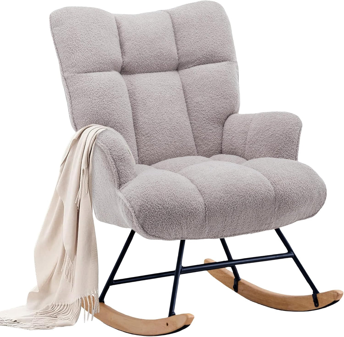 Rocking Chair Nursery Teddy Upholstered Glider Rocker Rocking Accent Chair Padded Seat with High Backrest Armchair Comfy Side Chair for Living Room Bedroom Offices (Black Teddy)