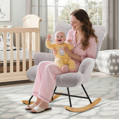 Rocking Chair Nursery Teddy Upholstered Glider Rocker Rocking Accent Chair Padded Seat with High Backrest Armchair Comfy Side Chair for Living Room Bedroom Offices (Black Teddy)