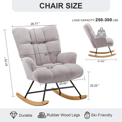 Rocking Chair Nursery Teddy Upholstered Glider Rocker Rocking Accent Chair Padded Seat with High Backrest Armchair Comfy Side Chair for Living Room Bedroom Offices (Black Teddy)