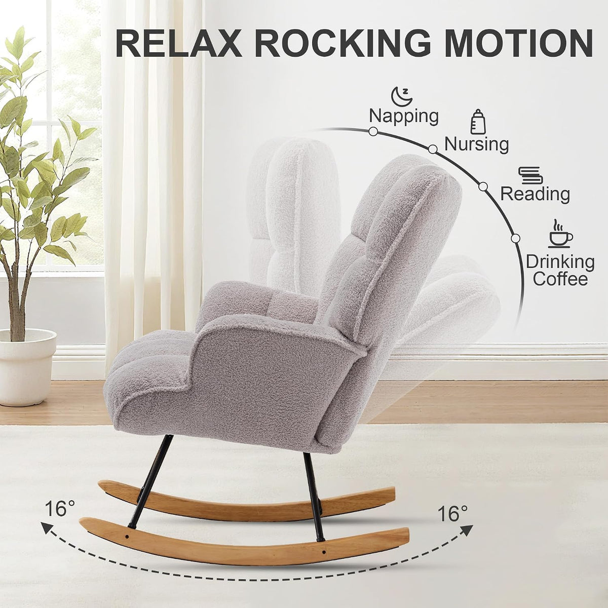 Rocking Chair Nursery Teddy Upholstered Glider Rocker Rocking Accent Chair Padded Seat with High Backrest Armchair Comfy Side Chair for Living Room Bedroom Offices (Black Teddy)