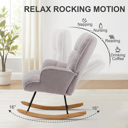 Rocking Chair Nursery Teddy Upholstered Glider Rocker Rocking Accent Chair Padded Seat with High Backrest Armchair Comfy Side Chair for Living Room Bedroom Offices (Black Teddy)