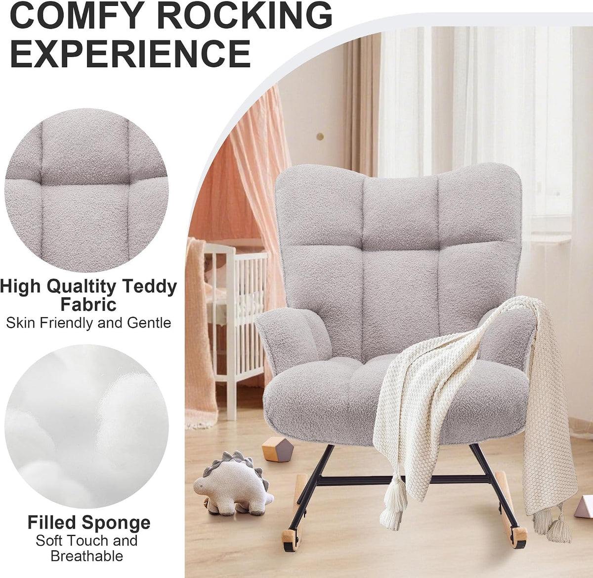 Rocking Chair Nursery Teddy Upholstered Glider Rocker Rocking Accent Chair Padded Seat with High Backrest Armchair Comfy Side Chair for Living Room Bedroom Offices (Black Teddy)