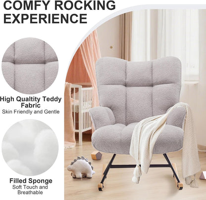 Rocking Chair Nursery Teddy Upholstered Glider Rocker Rocking Accent Chair Padded Seat with High Backrest Armchair Comfy Side Chair for Living Room Bedroom Offices (Black Teddy)