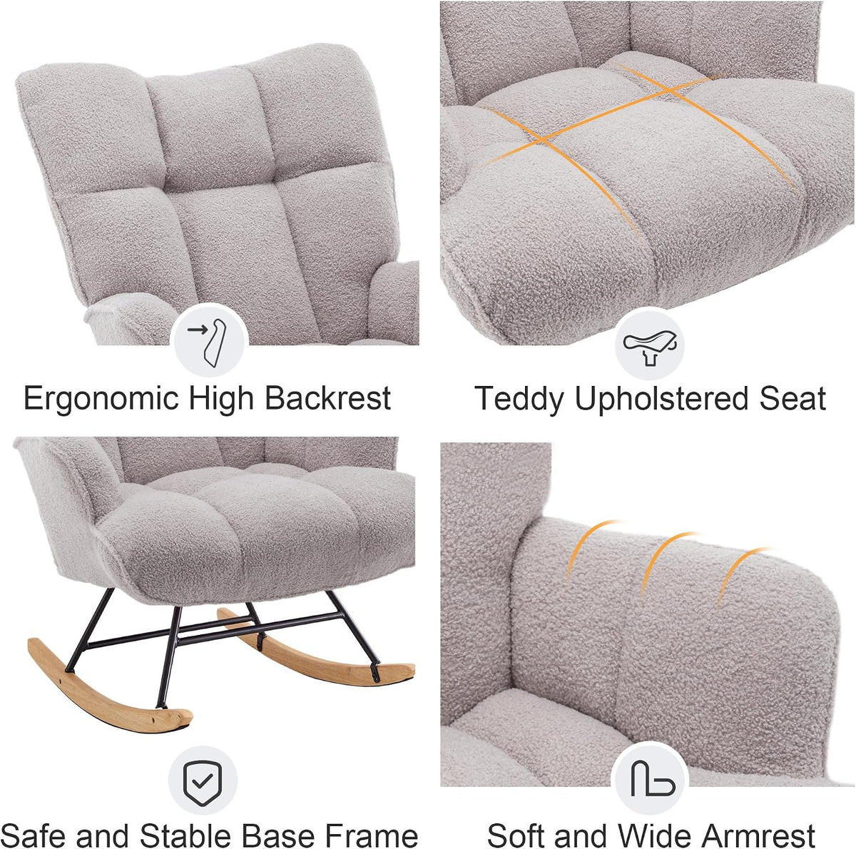Rocking Chair Nursery Teddy Upholstered Glider Rocker Rocking Accent Chair Padded Seat with High Backrest Armchair Comfy Side Chair for Living Room Bedroom Offices (Black Teddy)