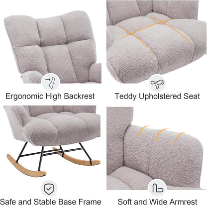 Rocking Chair Nursery Teddy Upholstered Glider Rocker Rocking Accent Chair Padded Seat with High Backrest Armchair Comfy Side Chair for Living Room Bedroom Offices (Black Teddy)