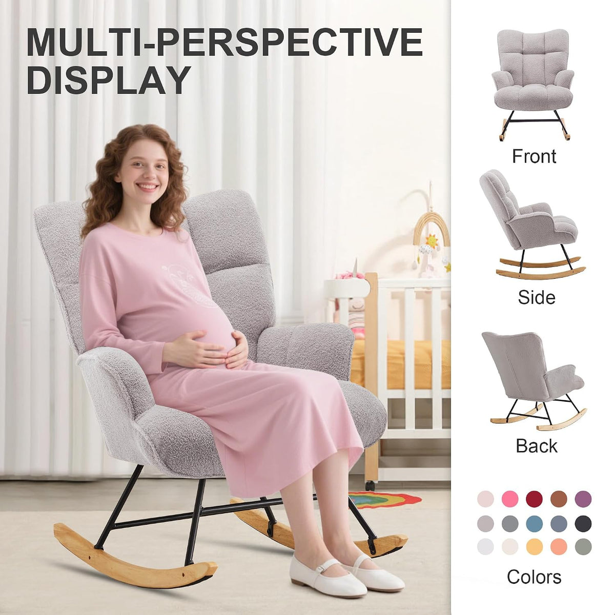 Rocking Chair Nursery Teddy Upholstered Glider Rocker Rocking Accent Chair Padded Seat with High Backrest Armchair Comfy Side Chair for Living Room Bedroom Offices (Black Teddy)
