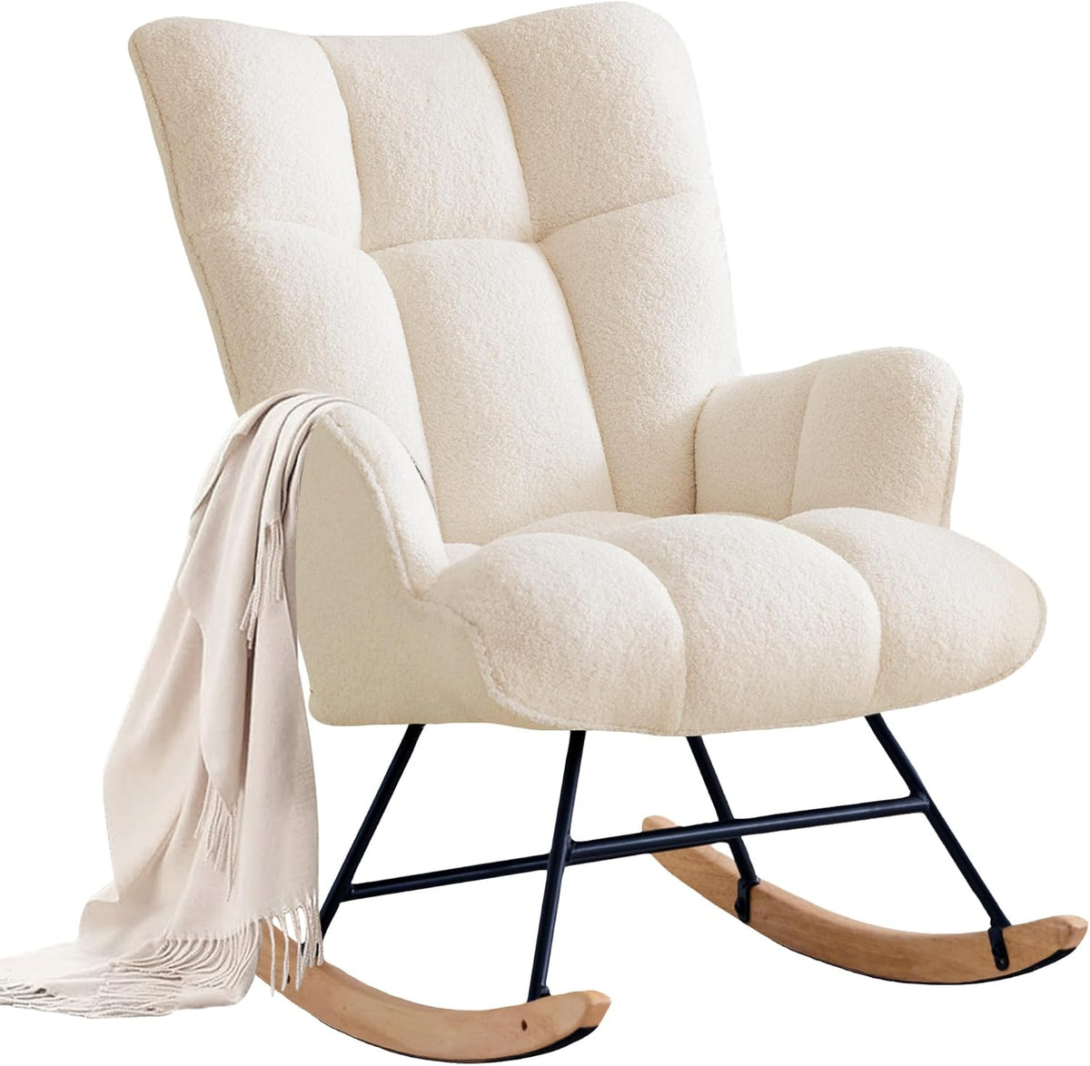Rocking Chair Nursery Teddy Upholstered Glider Rocker Rocking Accent Chair Padded Seat with High Backrest Armchair Comfy Side Chair for Living Room Bedroom Offices (Black Teddy)