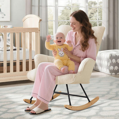 Rocking Chair Nursery Teddy Upholstered Glider Rocker Rocking Accent Chair Padded Seat with High Backrest Armchair Comfy Side Chair for Living Room Bedroom Offices (Black Teddy)