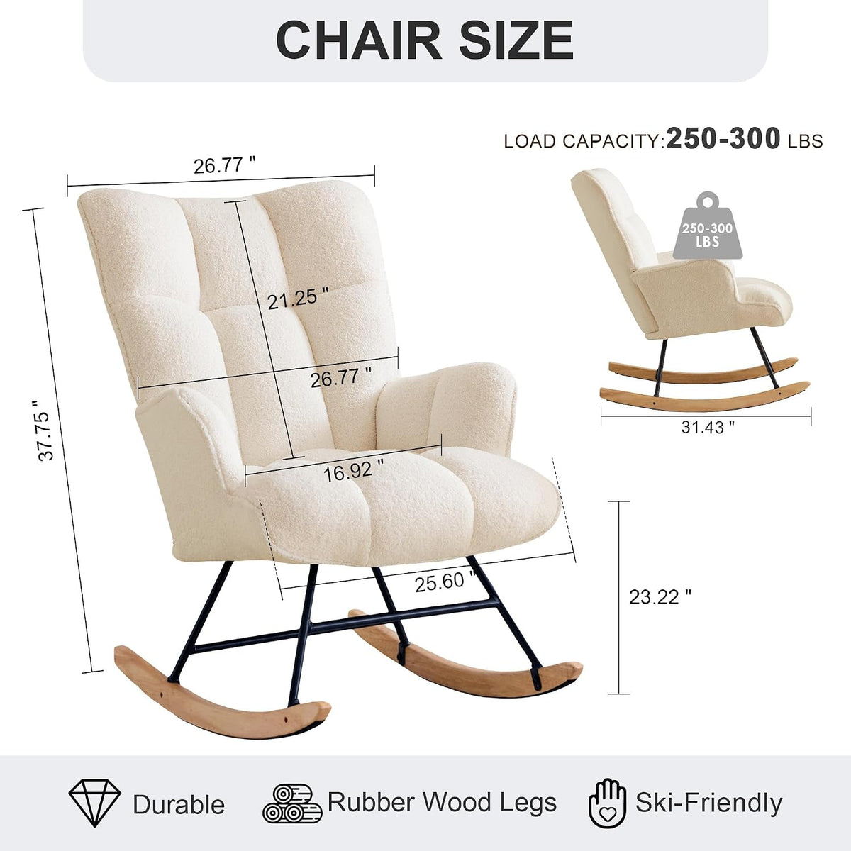 Rocking Chair Nursery Teddy Upholstered Glider Rocker Rocking Accent Chair Padded Seat with High Backrest Armchair Comfy Side Chair for Living Room Bedroom Offices (Black Teddy)