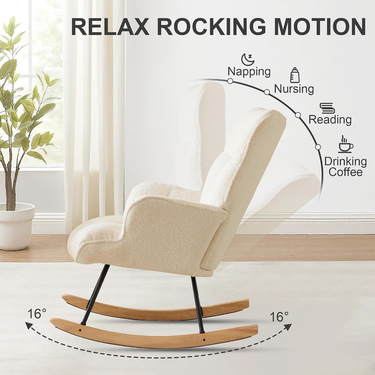 Rocking Chair Nursery Teddy Upholstered Glider Rocker Rocking Accent Chair Padded Seat with High Backrest Armchair Comfy Side Chair for Living Room Bedroom Offices (Black Teddy)